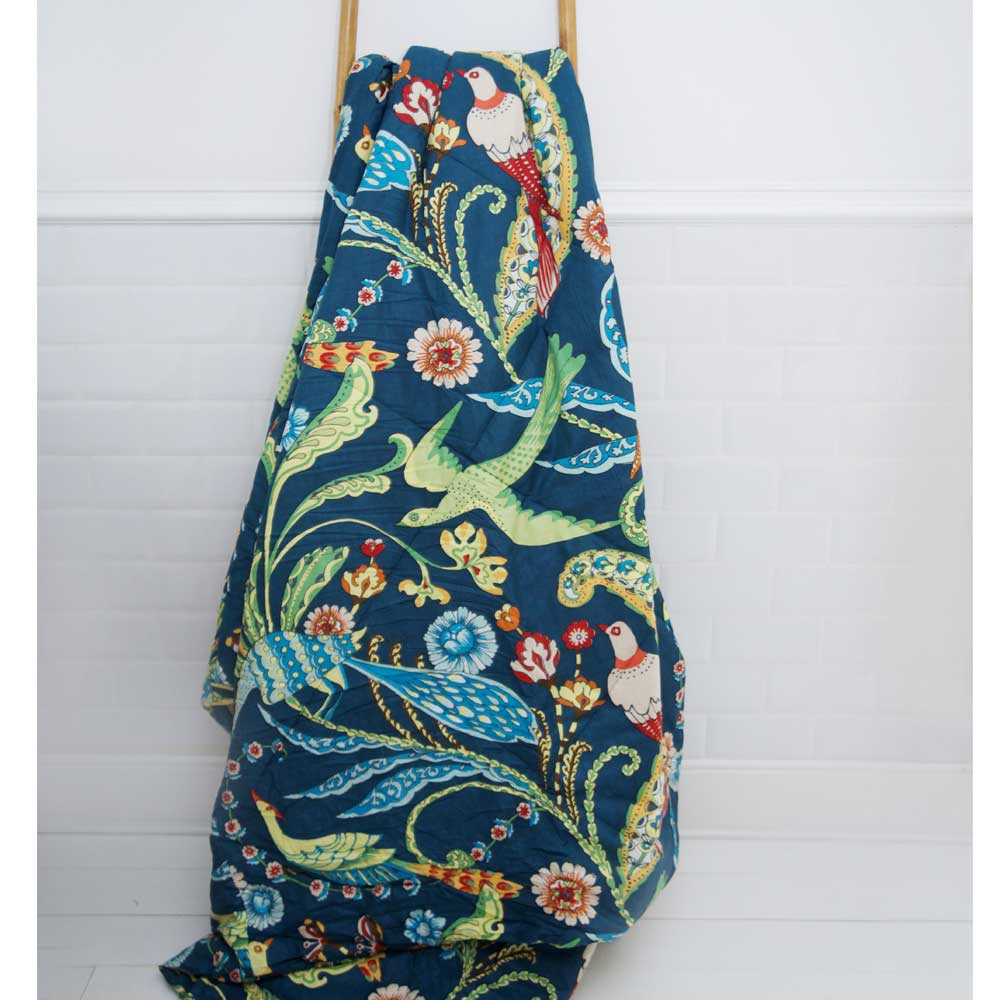 Blue Floral Exotic Bird Print Quilt