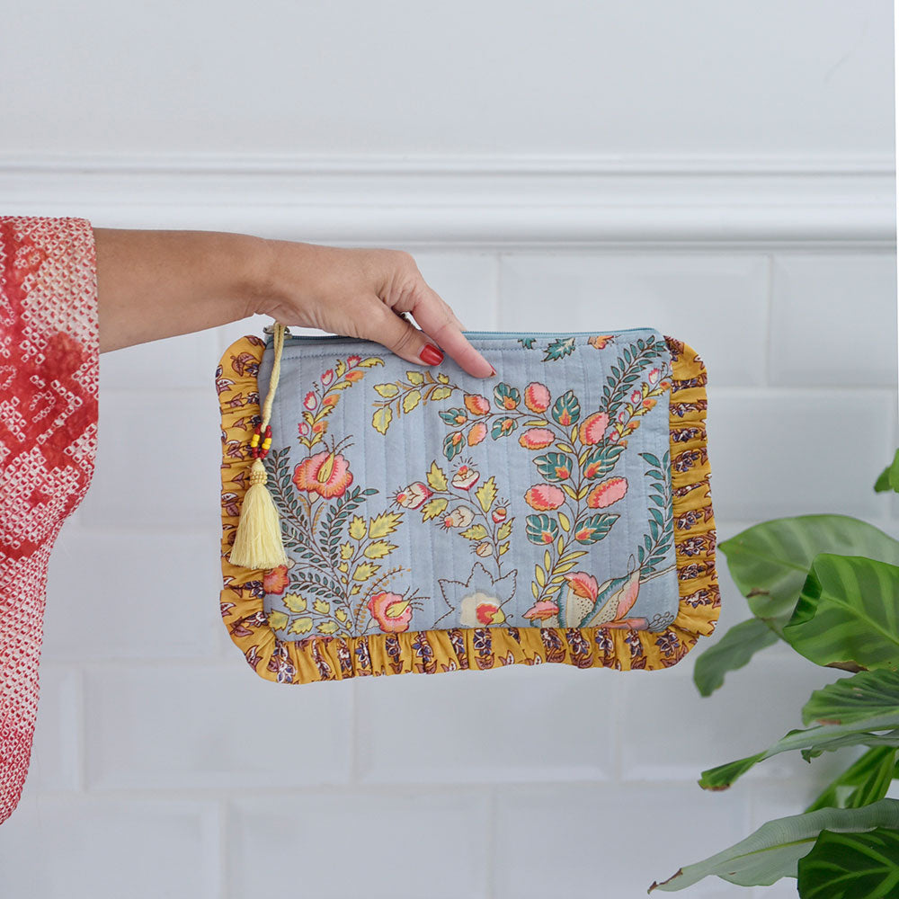 Grey, Mustard & Coral Block Print Make Up Bag
