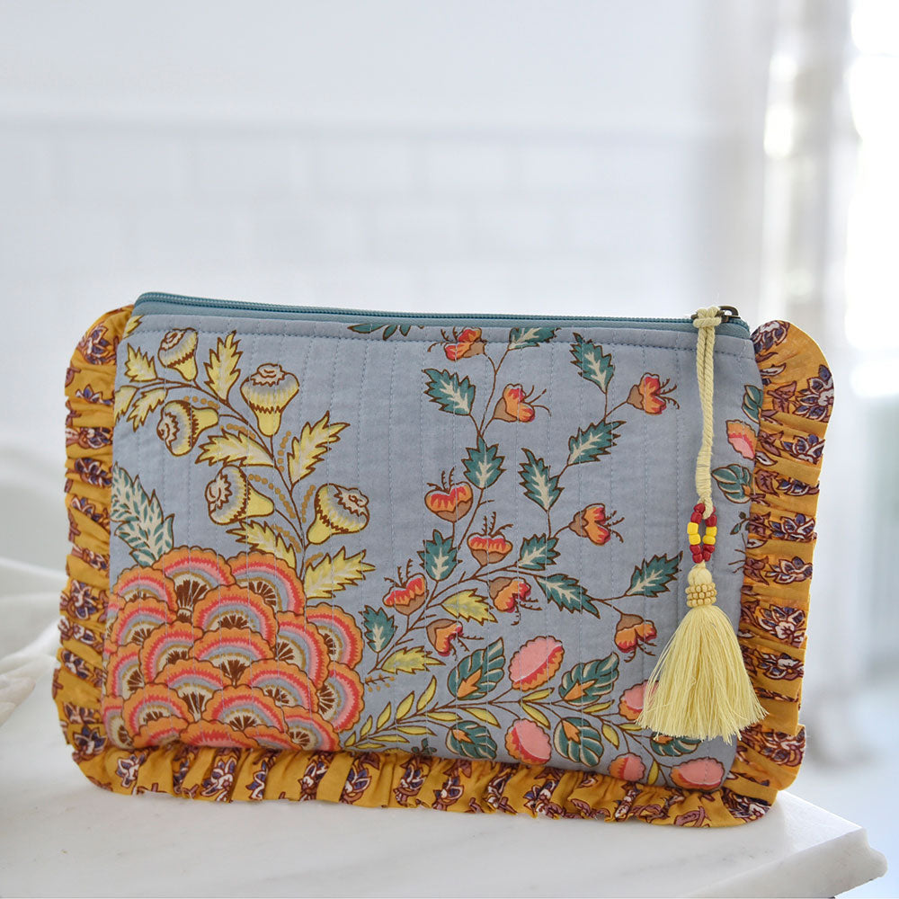Grey, Mustard & Coral Block Print Make Up Bag