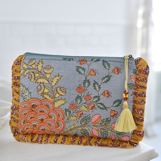 Grey, Mustard & Coral Block Print Make Up Bag