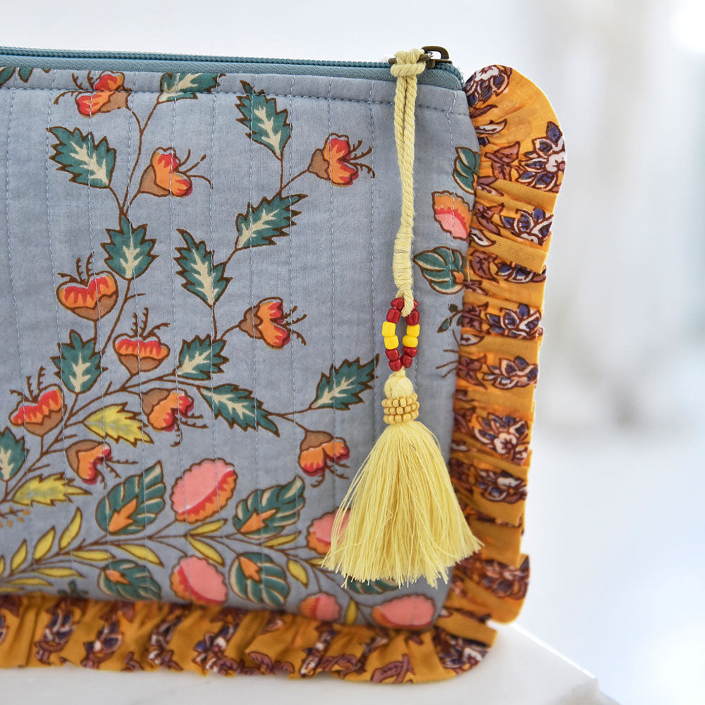 Grey, Mustard & Coral Block Print Make Up Bag