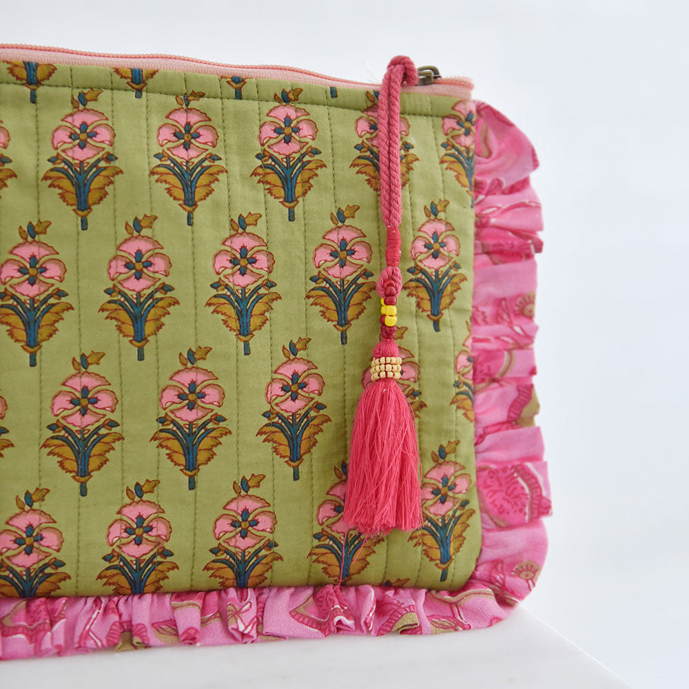 Green Quilted Make Up Bag with Pink Ruffle