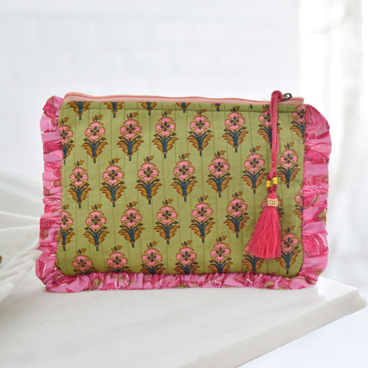 Green Quilted Make Up Bag with Pink Ruffle