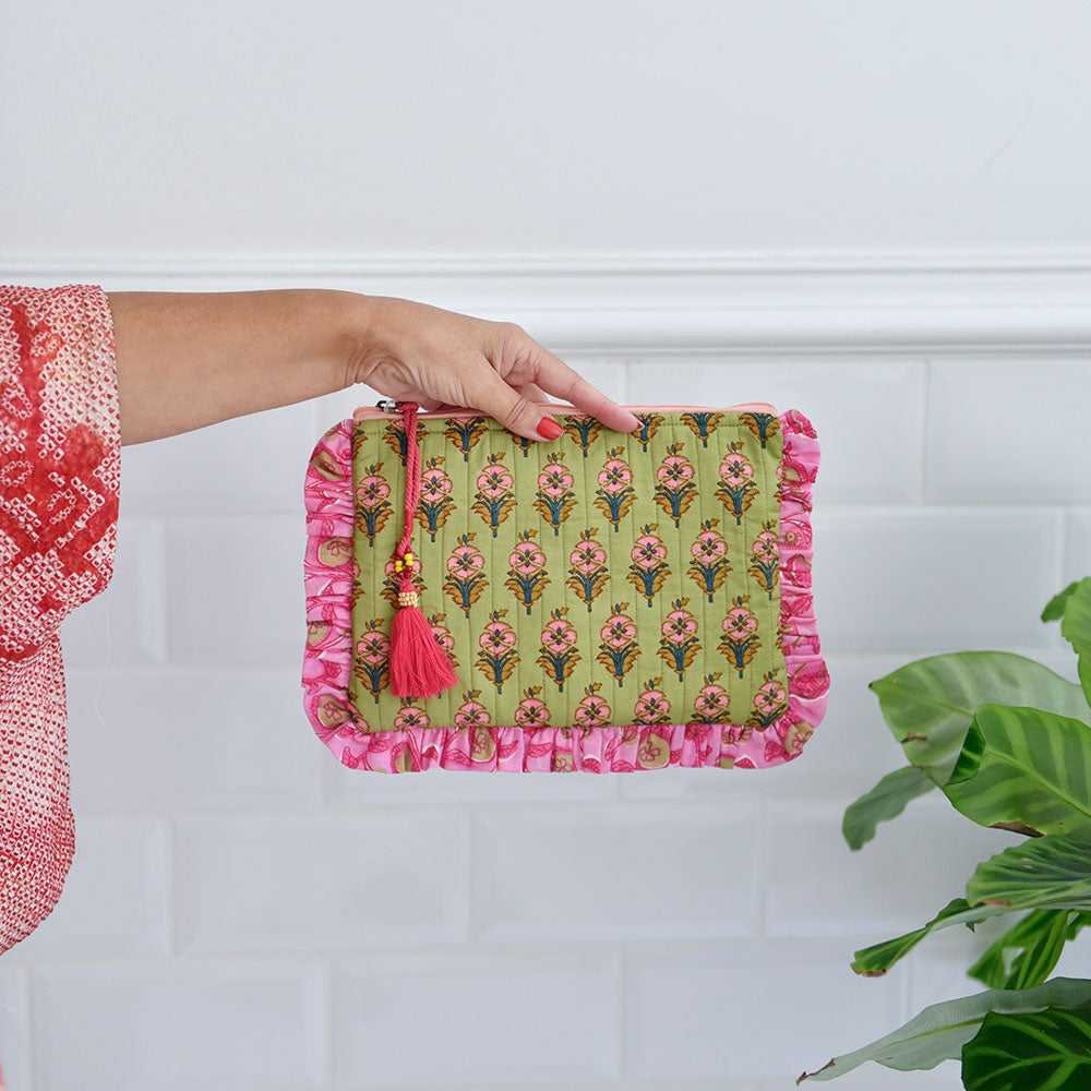 Green Quilted Make Up Bag with Pink Ruffle