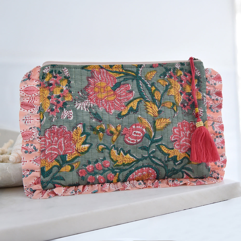 Green, Lemon & Pink Block Print Make Up Bag