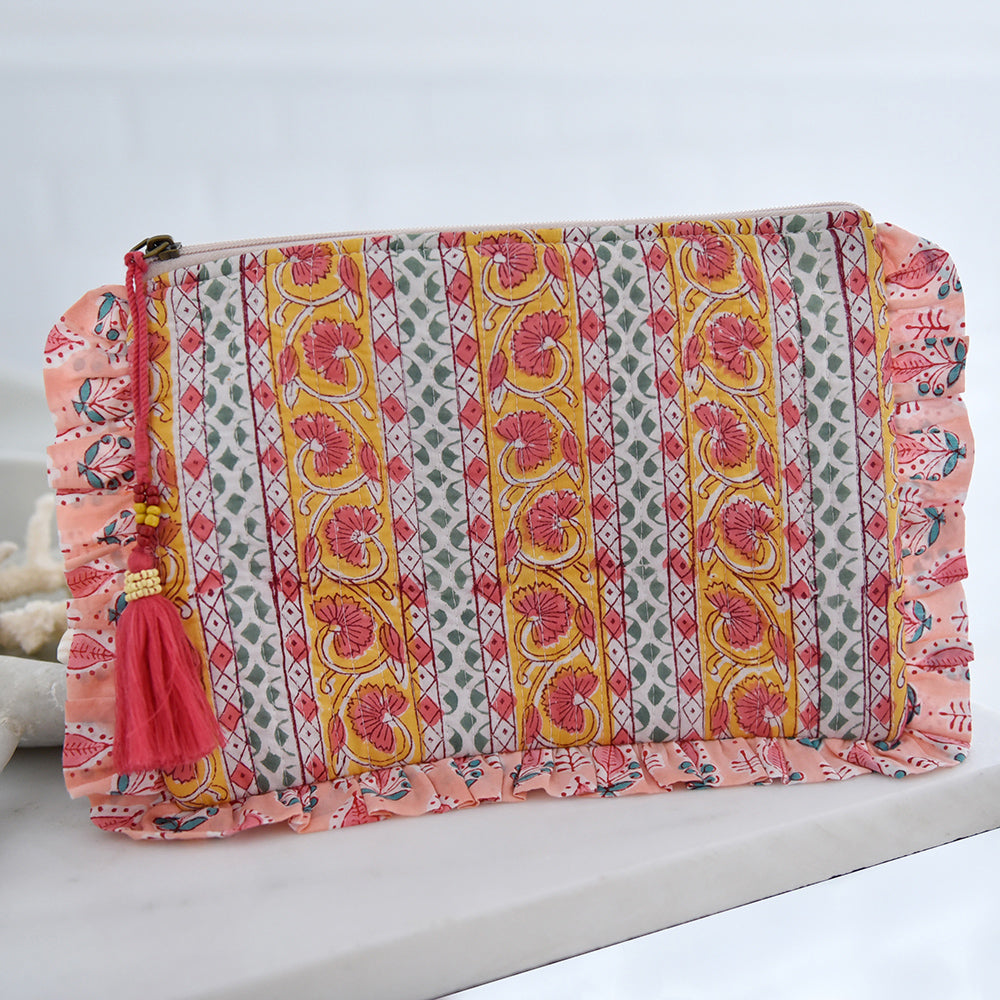 Green, Lemon & Pink Block Print Make Up Bag