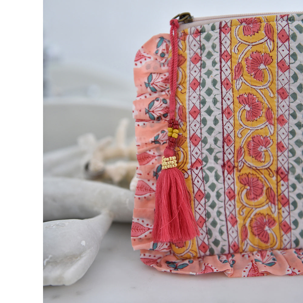 Green, Lemon & Pink Block Print Make Up Bag