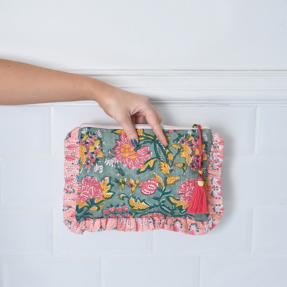 Green, Lemon & Pink Block Print Make Up Bag