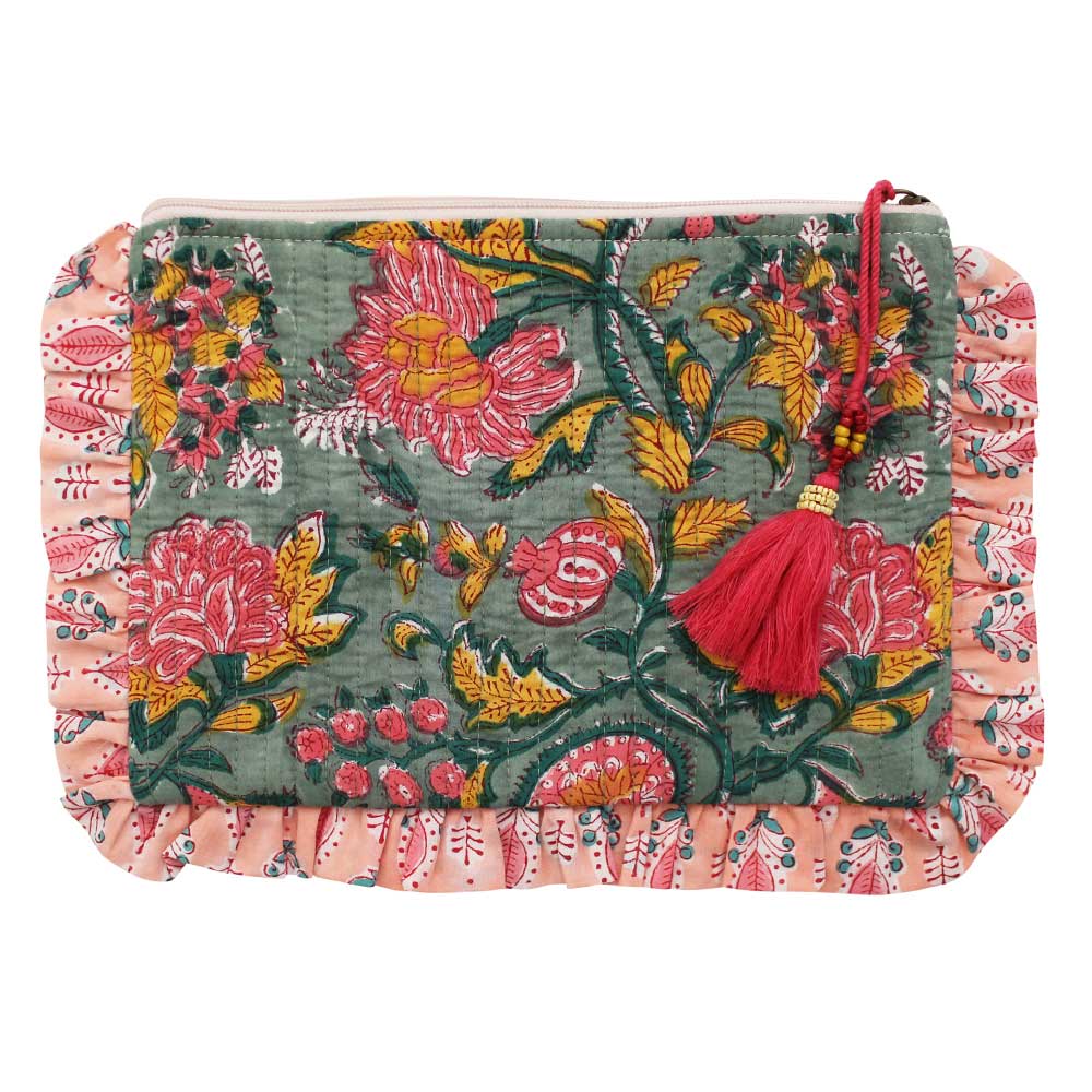 Green, Lemon & Pink Block Print Make Up Bag