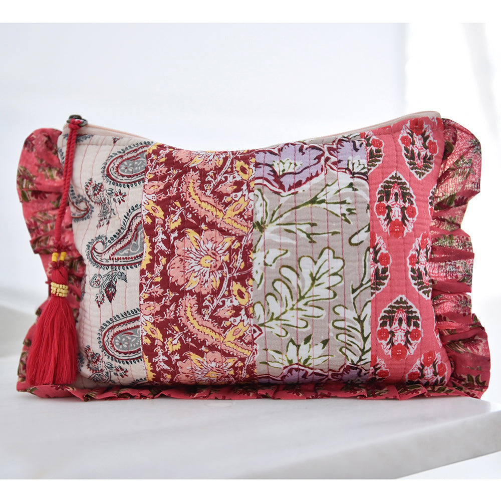 Red & Pink Mixed Block Print Make Up Bag