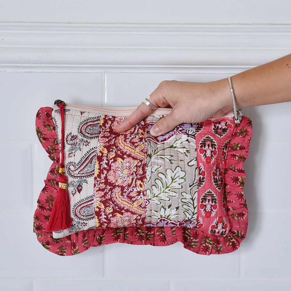 Red & Pink Mixed Block Print Make Up Bag