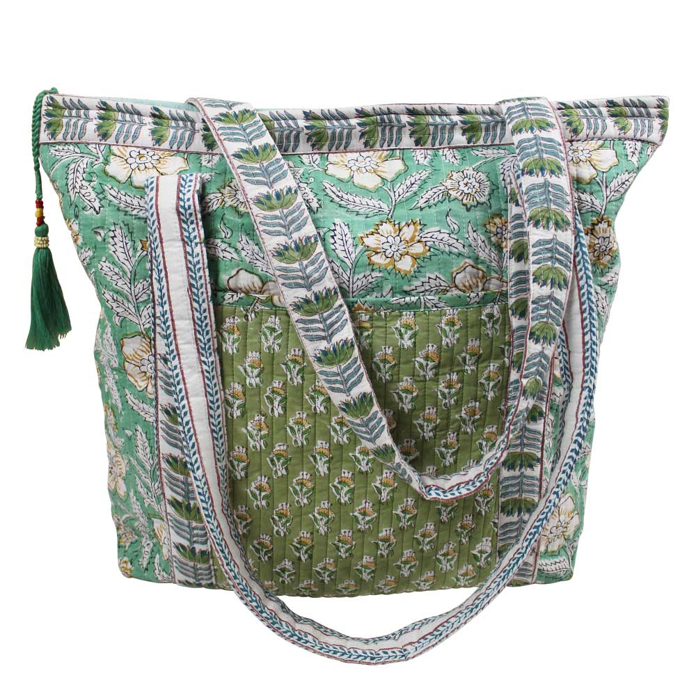 Mint & Mustard Floral Quilted Tote Bag
