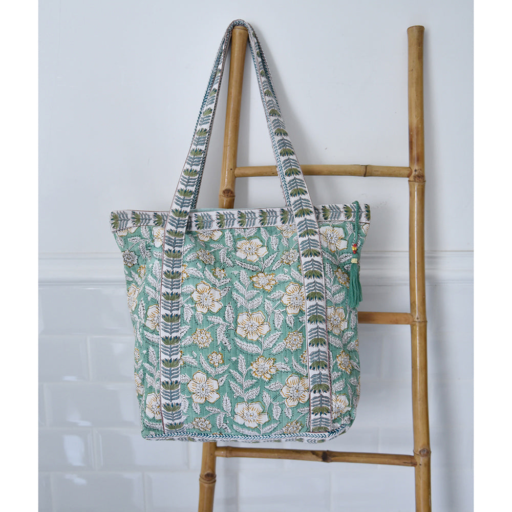 Mint & Mustard Floral Quilted Tote Bag