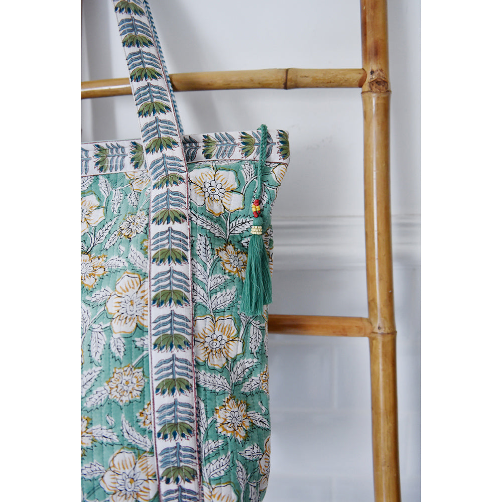 Mint & Mustard Floral Quilted Tote Bag