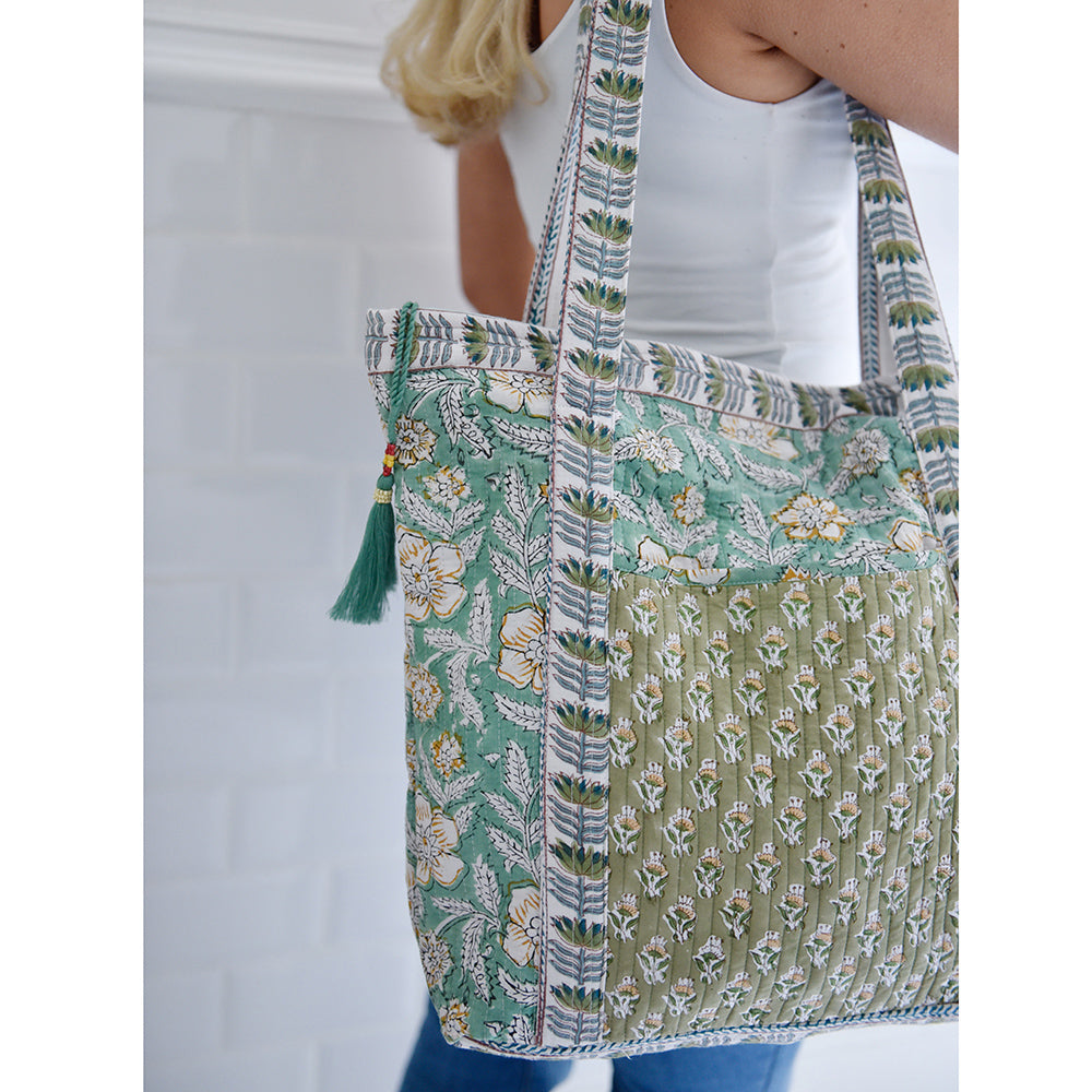 Mint & Mustard Floral Quilted Tote Bag