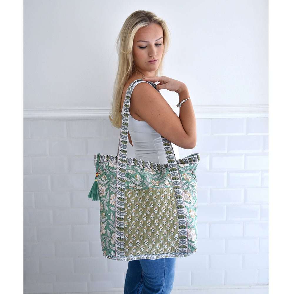 Mint & Mustard Floral Quilted Tote Bag