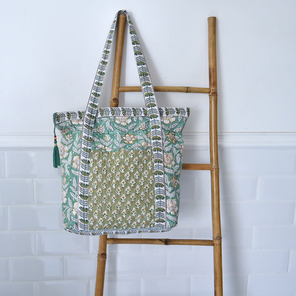 Mint & Mustard Floral Quilted Tote Bag