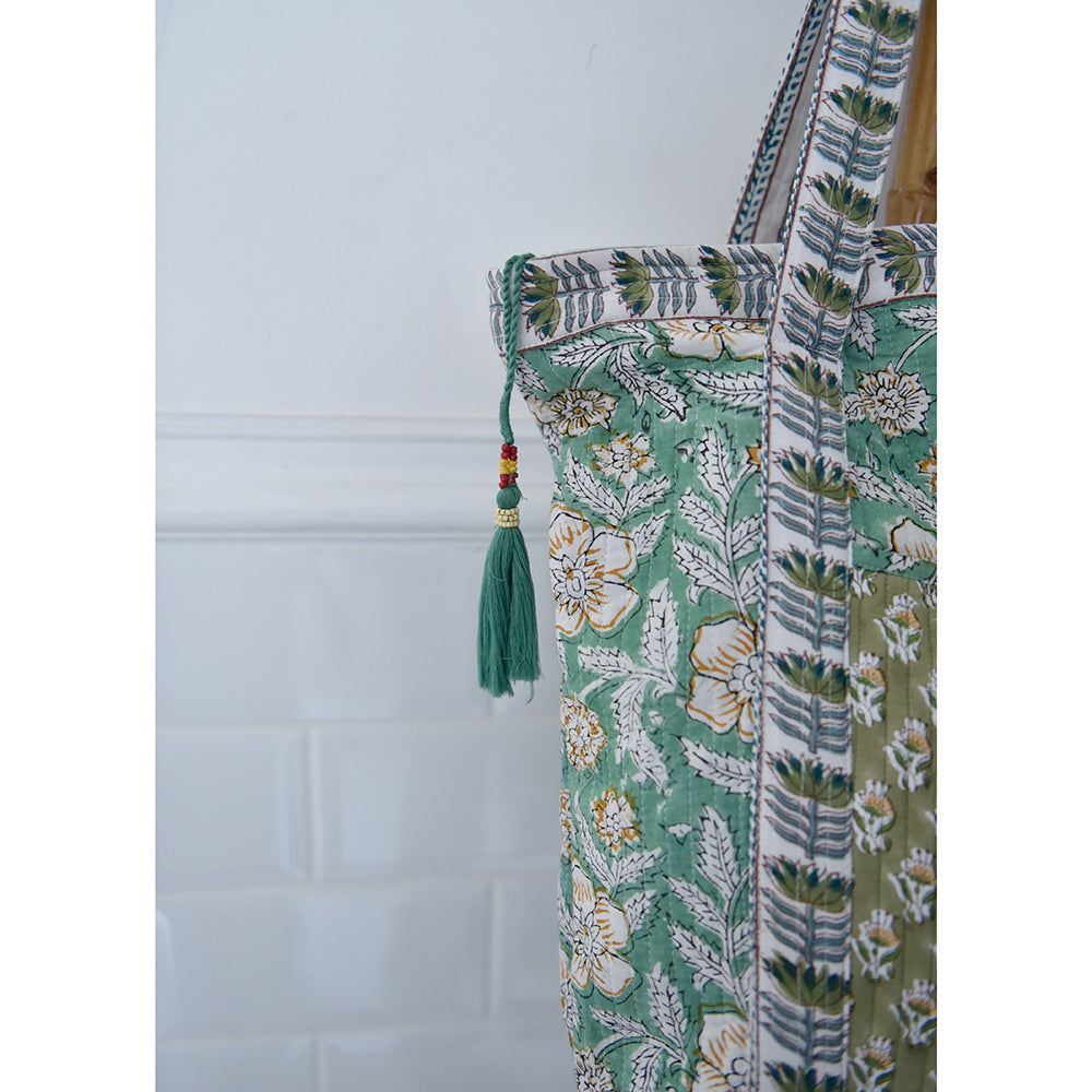 Mint & Mustard Floral Quilted Tote Bag