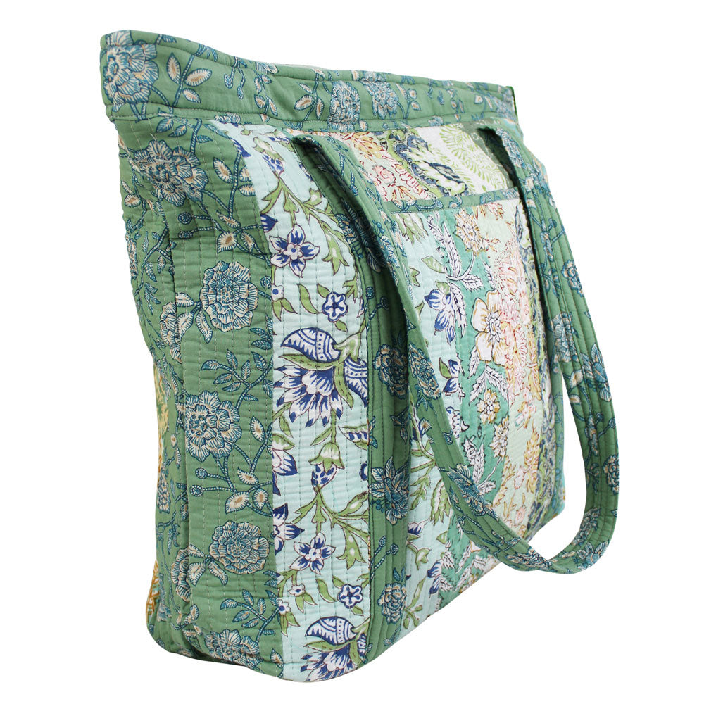 Green Mixed Fabric Quilted Tote Bag