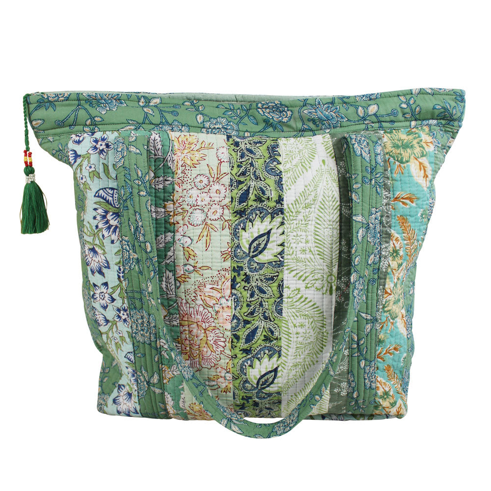 Green Mixed Fabric Quilted Tote Bag