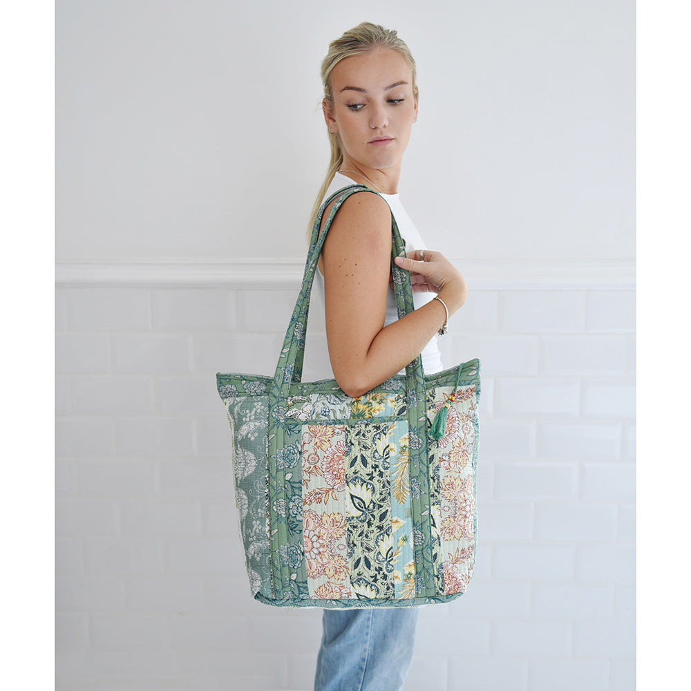 Green Mixed Fabric Quilted Tote Bag