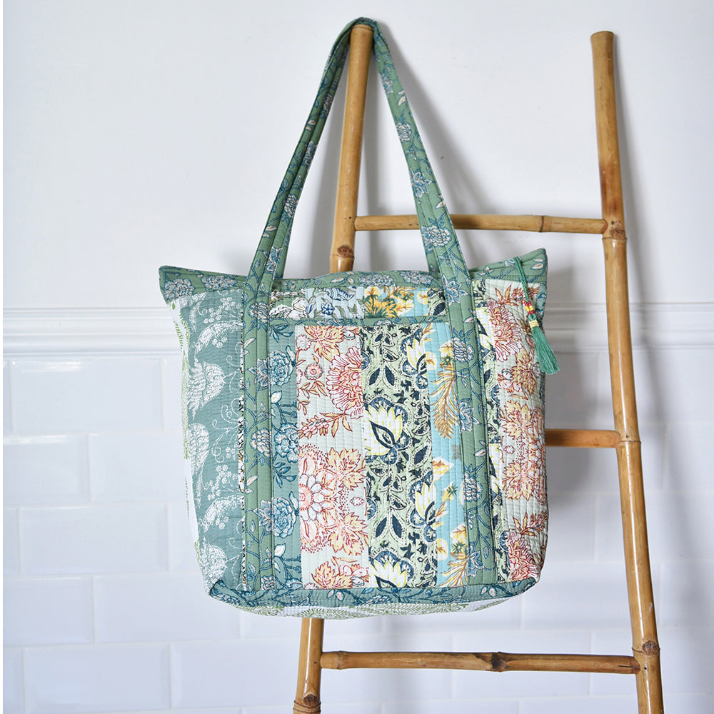 Green Mixed Fabric Quilted Tote Bag