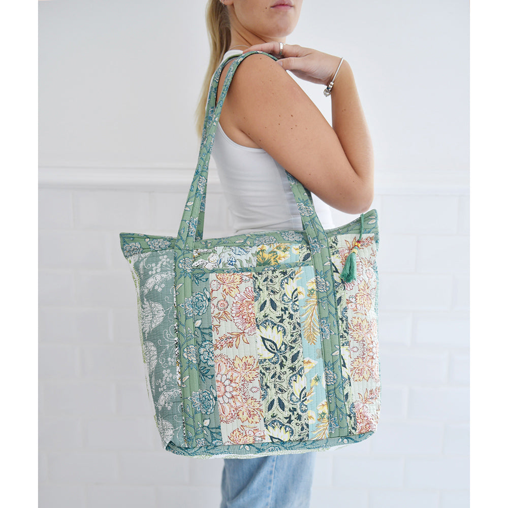 Green Mixed Fabric Quilted Tote Bag