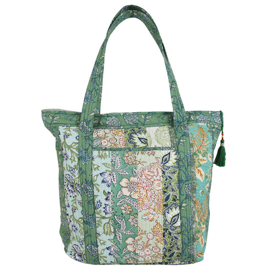 Green Mixed Fabric Quilted Tote Bag