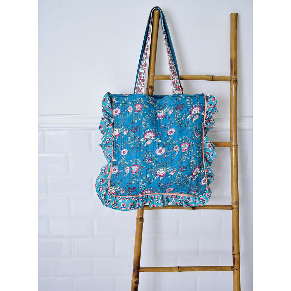 Inky blue, Pink & Green Floral Quilted Tote Bag
