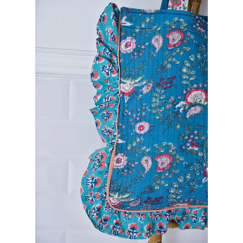 Inky blue, Pink & Green Floral Quilted Tote Bag