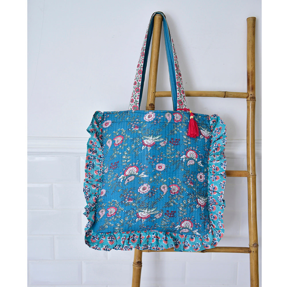 Inky blue, Pink & Green Floral Quilted Tote Bag