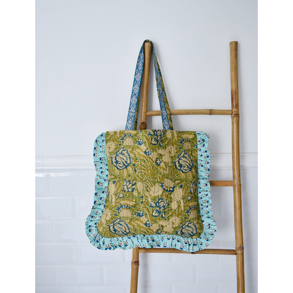 Sage Green & Blue Floral Quilted Tote Bag