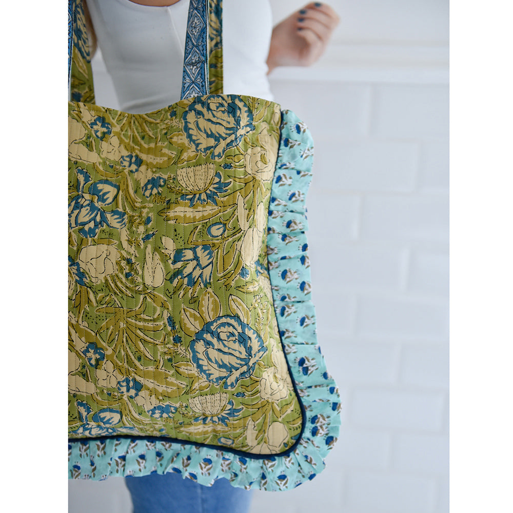 Green & Blue Floral Quilted Tote Bag