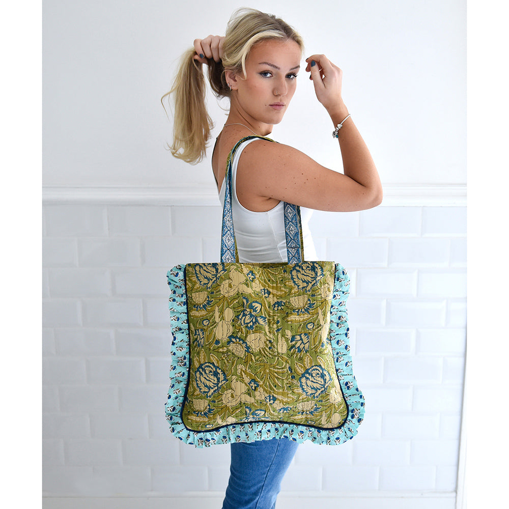 Sage Green & Blue Floral Quilted Tote Bag