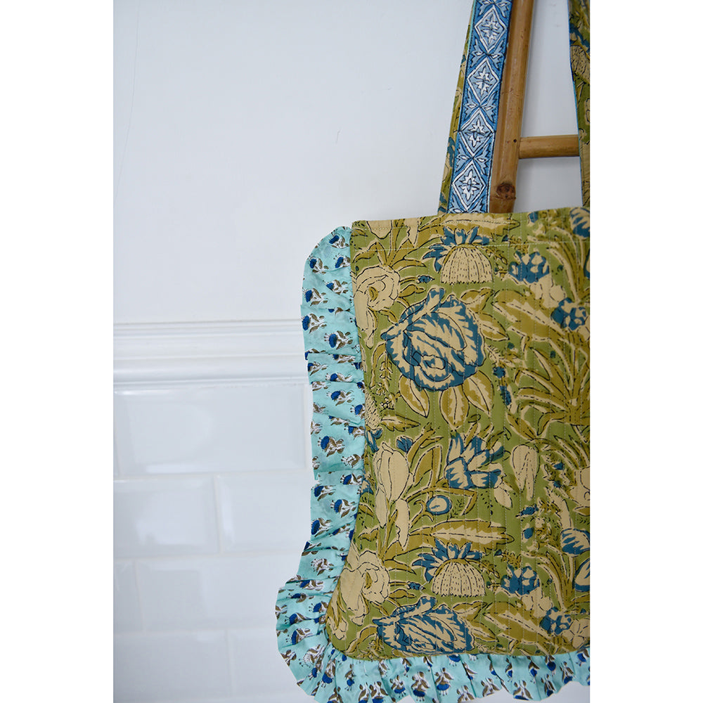 Sage Green & Blue Floral Quilted Tote Bag