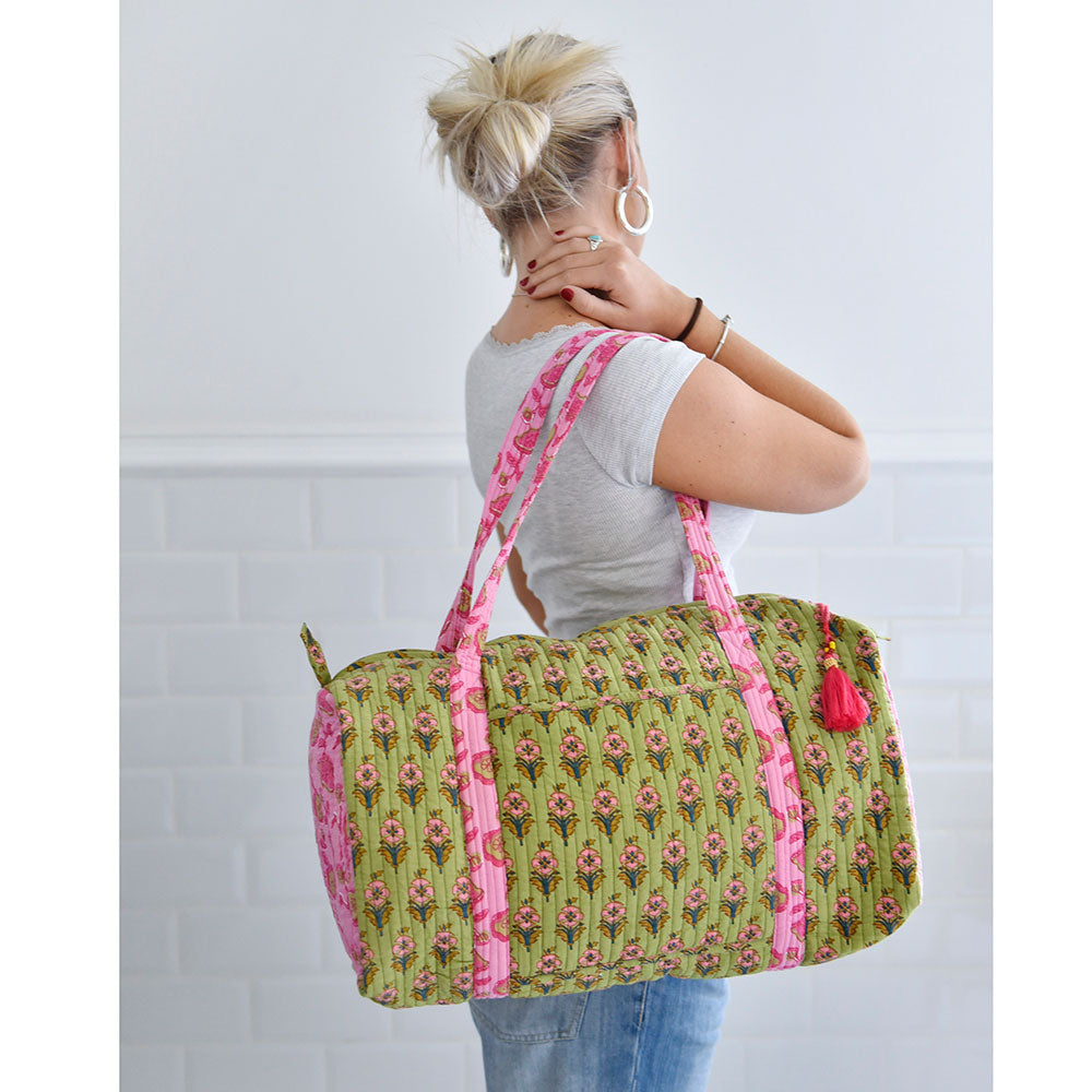 Green & Pink Quilted Duffle Bag