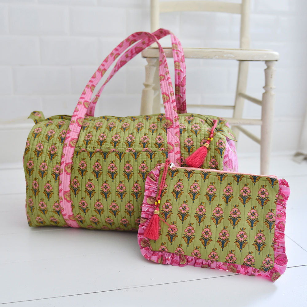 Green & Pink Quilted Duffle Bag