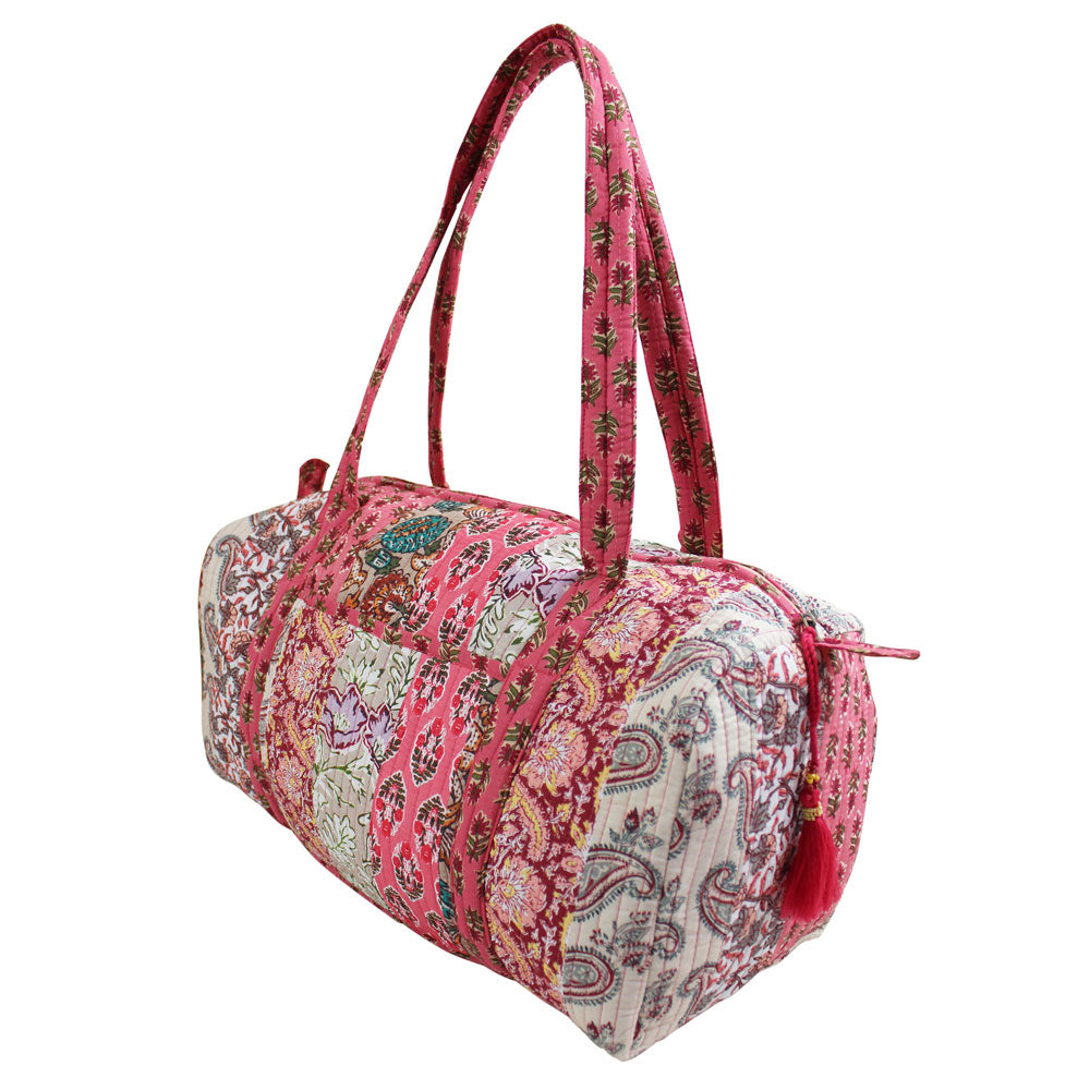 Red & Pink Mixed Fabric Print Quilted Duffle Bag
