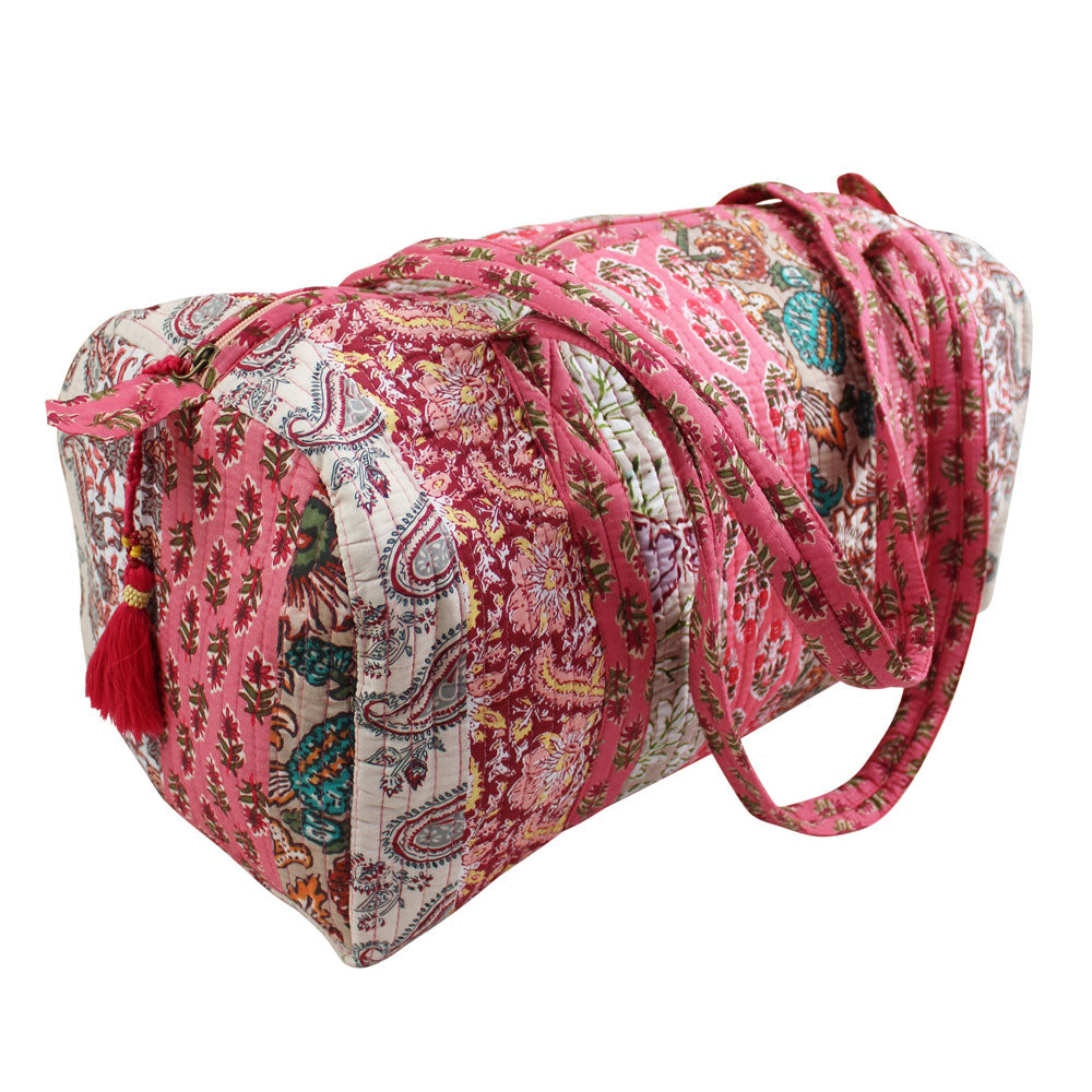 Red & Pink Mixed Fabric Print Quilted Duffle Bag