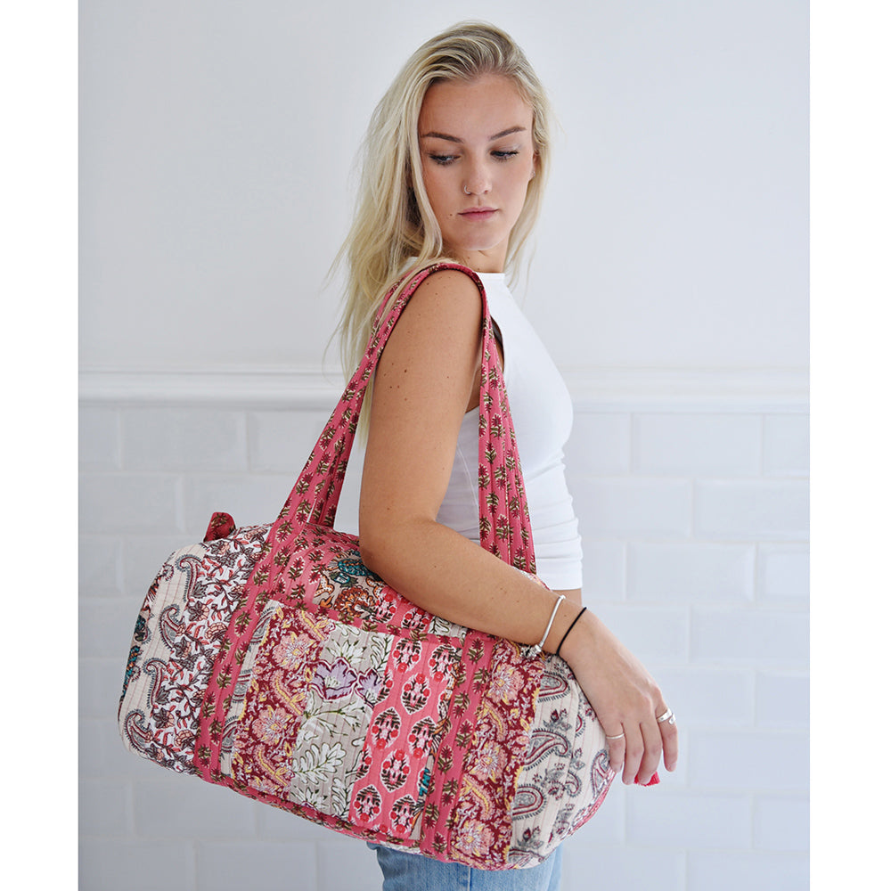 Red & Pink Mixed Fabric Print Quilted Duffle Bag