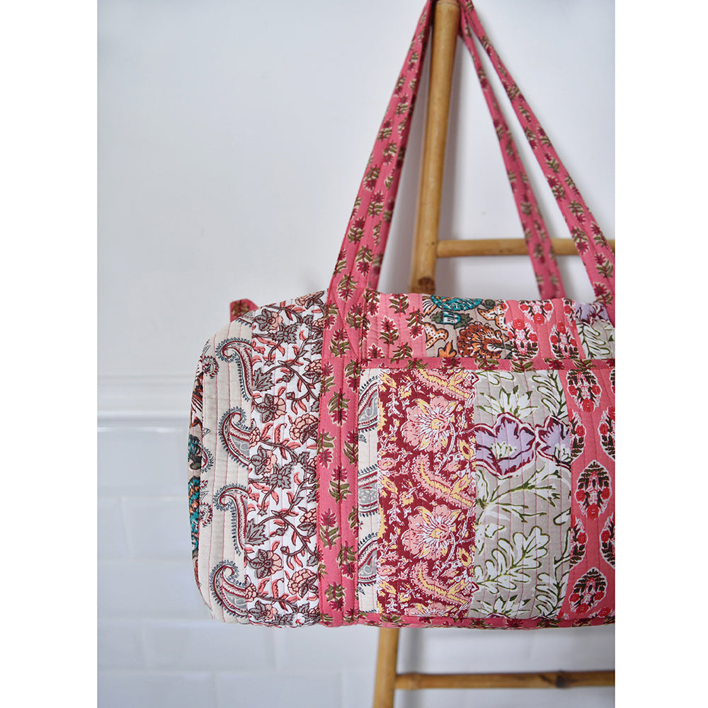 Red & Pink Mixed Fabric Print Quilted Duffle Bag