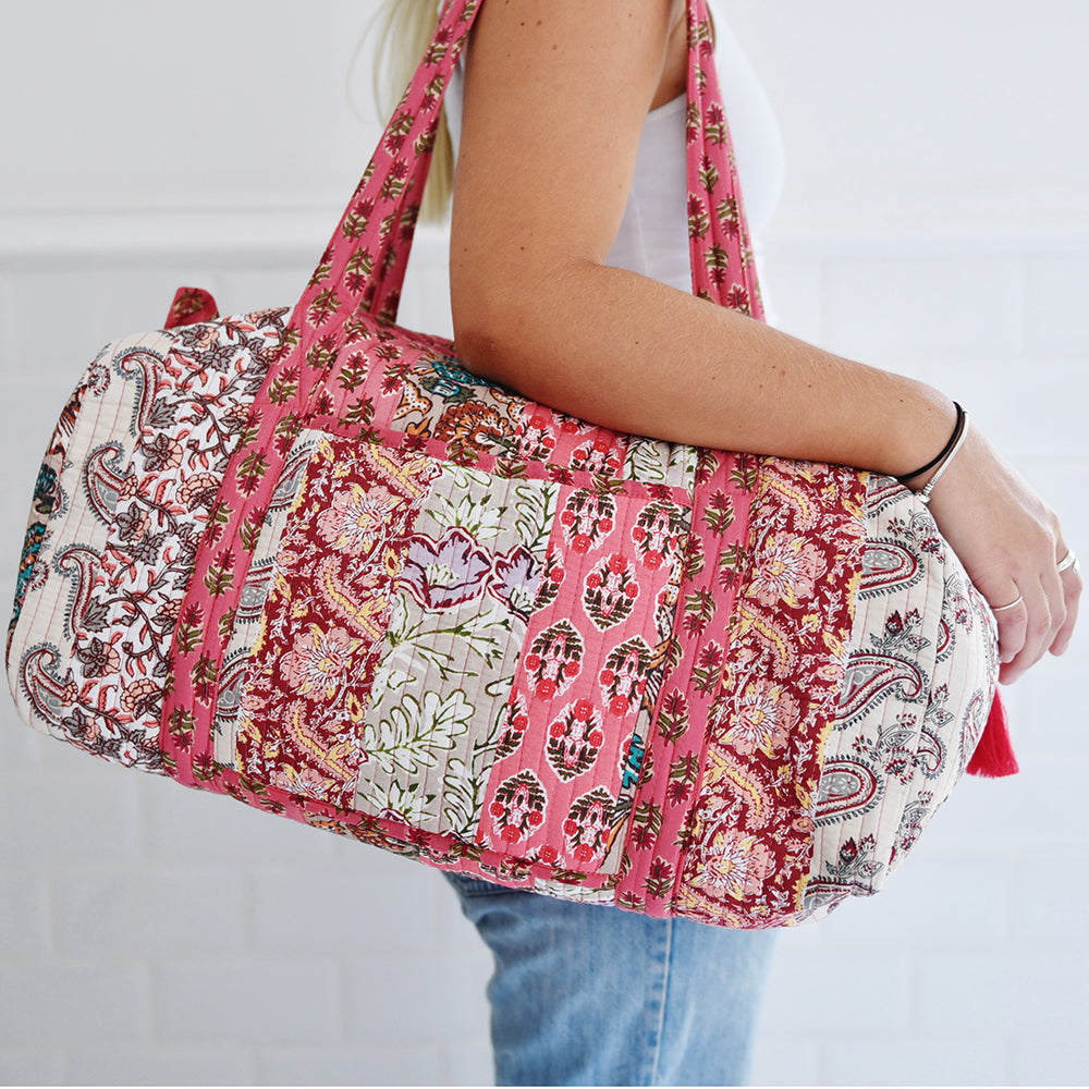 Red & Pink Mixed Fabric Print Quilted Duffle Bag