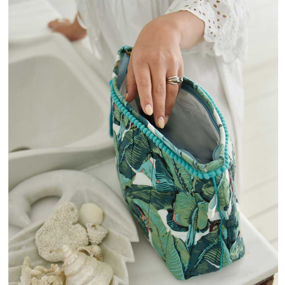 Green Leaf Print Lined Wash Bag