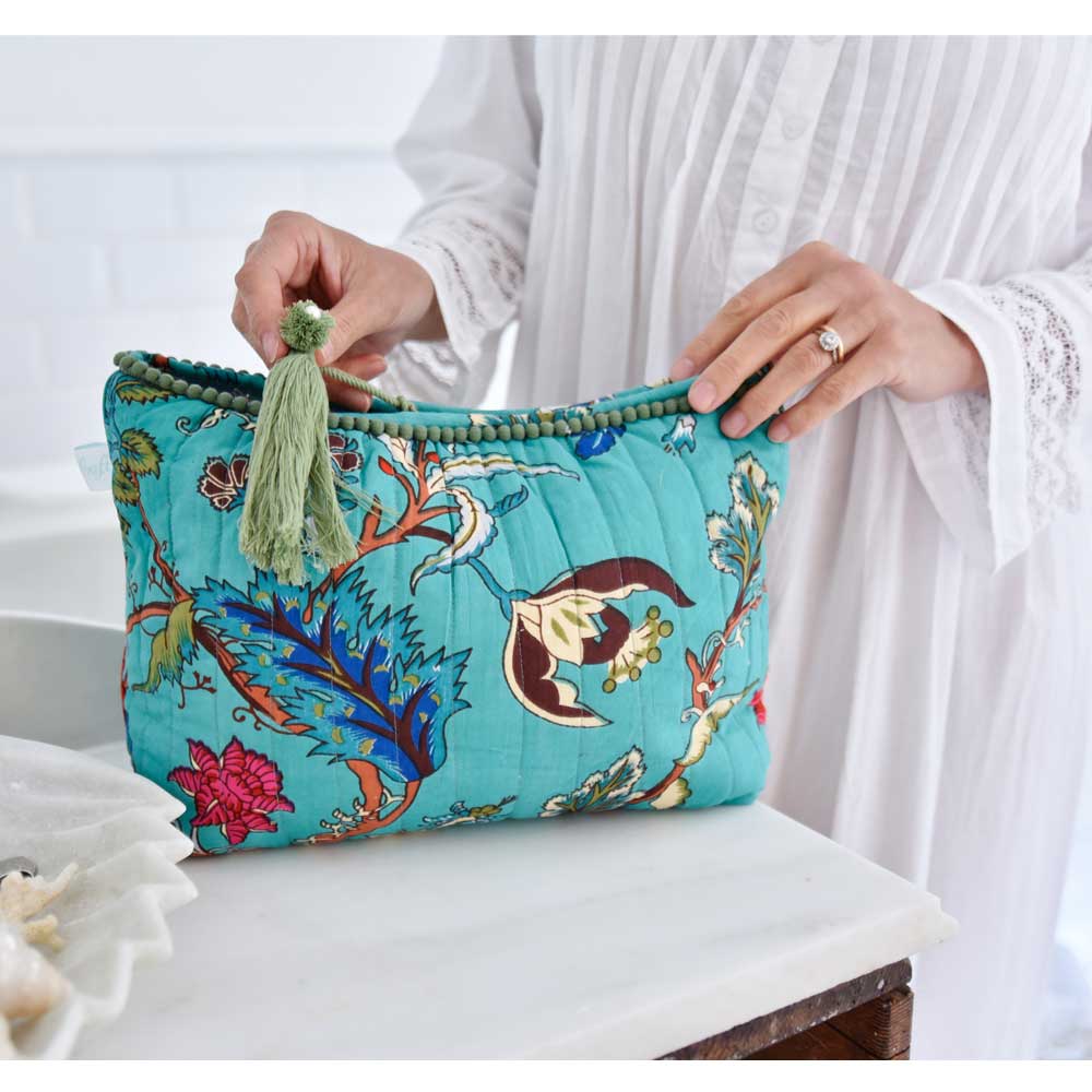 Teal Exotic Flower Print Wash Bag