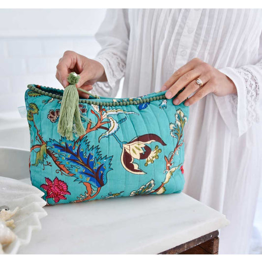 Teal Exotic Flower Print Wash Bag