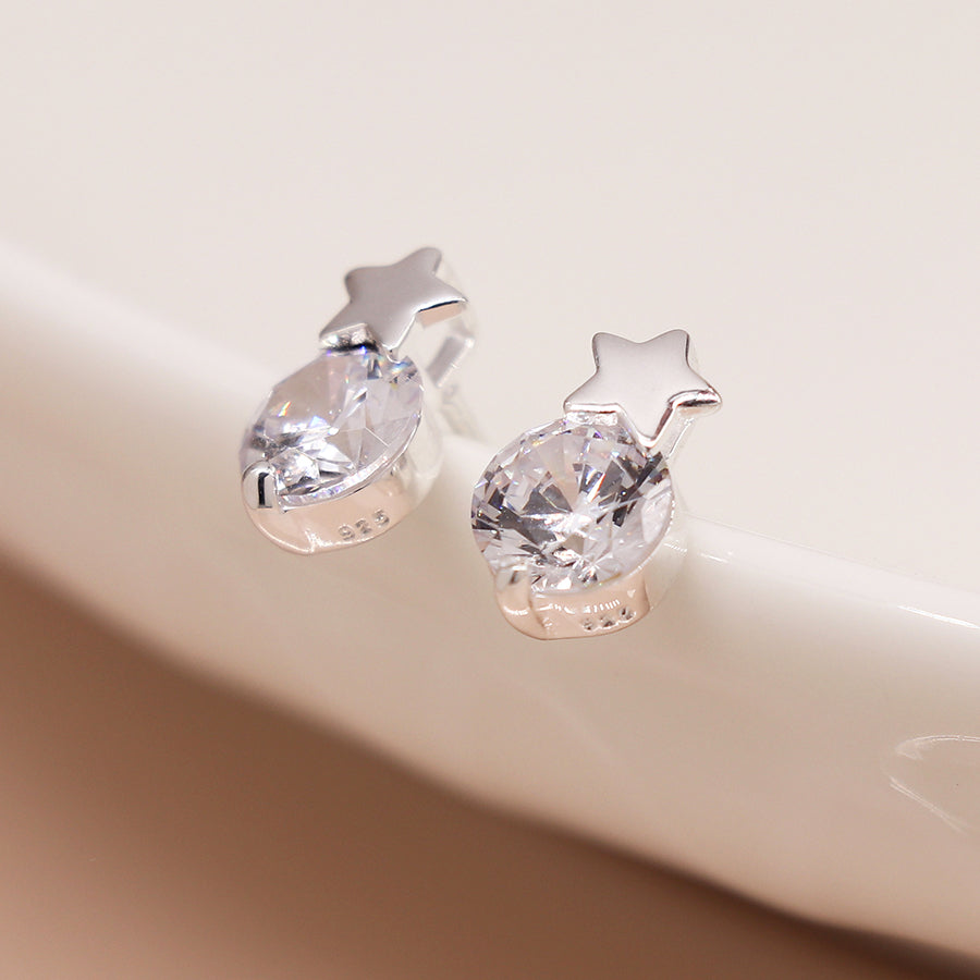1119 - Sterling Silver Star & Crystal Stud Earrings