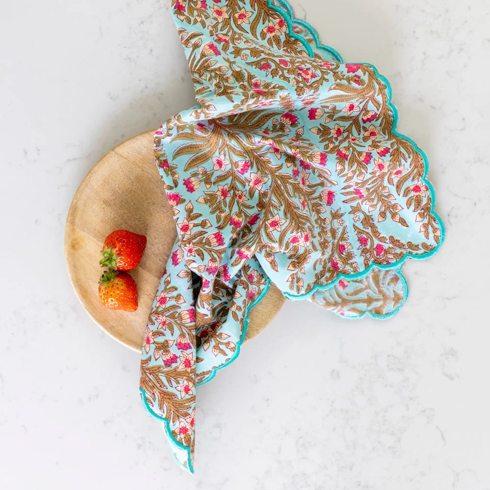 Scalloped Himalayan Jasmine Hand Block Print Napkin - Set of 4