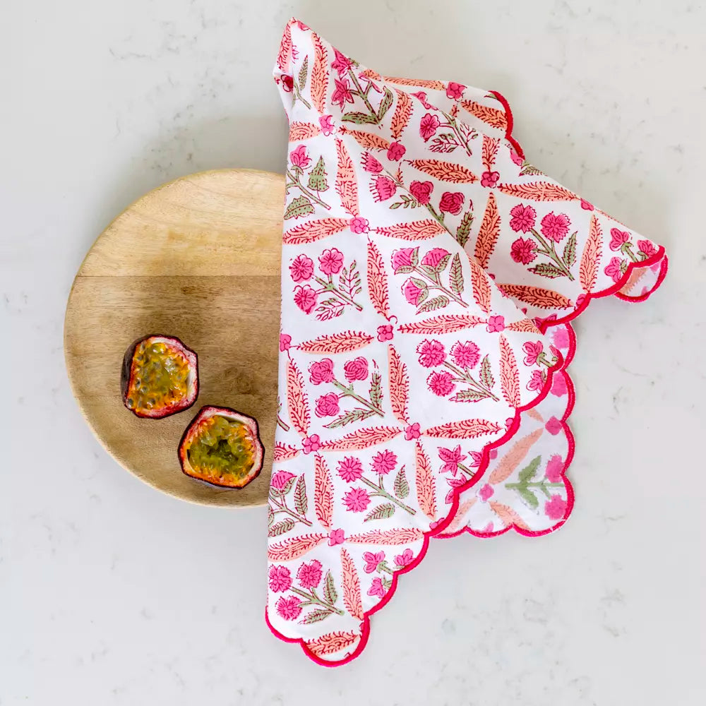 Scalloped Himalayan Wildflowers Pink Hand Block Print Napkin - Set of 4