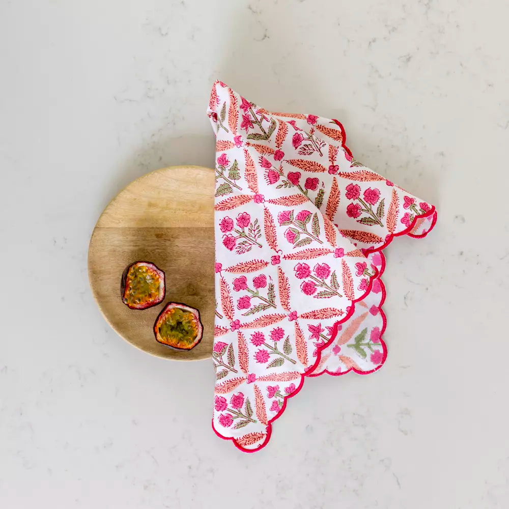 Scalloped Himalayan Wildflowers Pink Hand Block Print Napkin - Set of 4