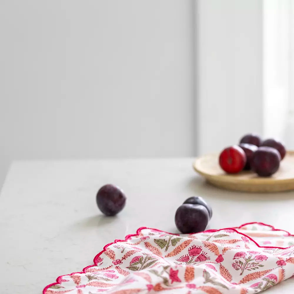 Scalloped Himalayan Wildflowers Pink Hand Block Print Napkin - Set of 4